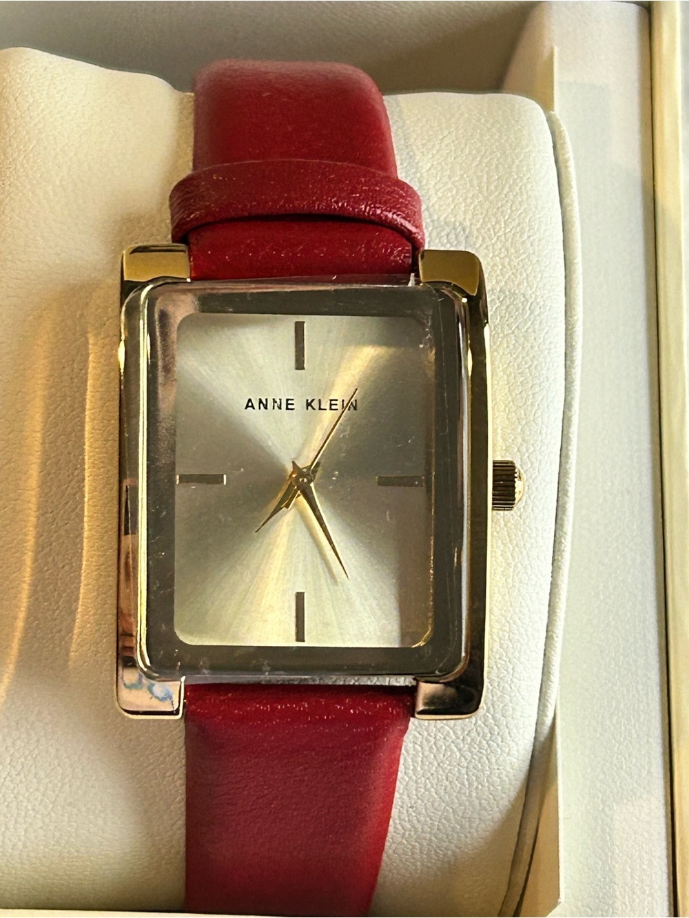 4/$100 Anne Klein Red Leather Strap Gold-Tone Square Watch